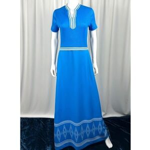 Vintage 1960’s 1970’s Maxi Ankle Dress in Bright Blue + White Striped • Medium